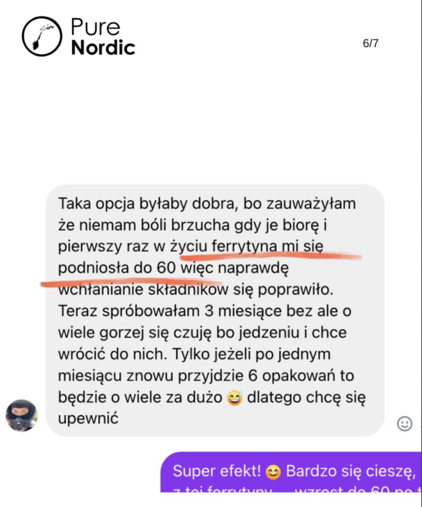 Wiadomość pacjentki: ferrytyna wzrosła do 60, bez bólu brzucha, lepsze wchłanianie po Wsparciu trawienia PureNordic