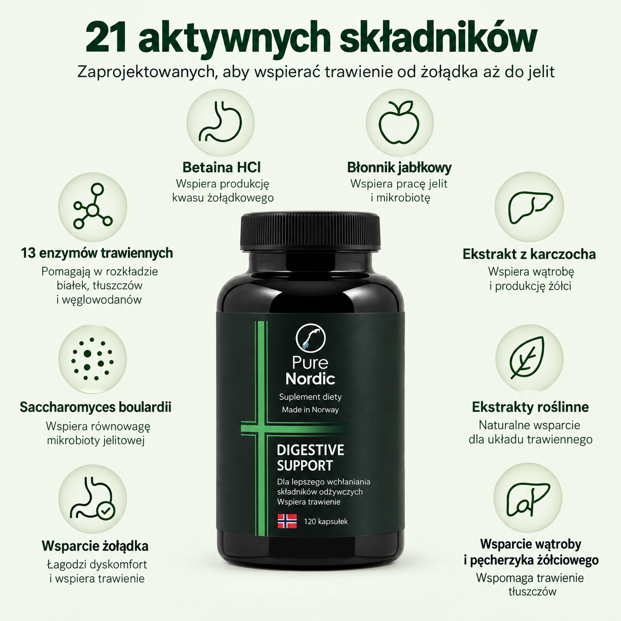 21 aktywnych składników PureNordic Wsparcie trawienia — schemat